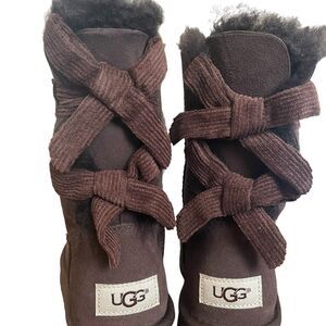 UGG Boots Bailey Bow Corduroy Chocolate Brown Womens Sz 5 Suede Leather Mid Calf